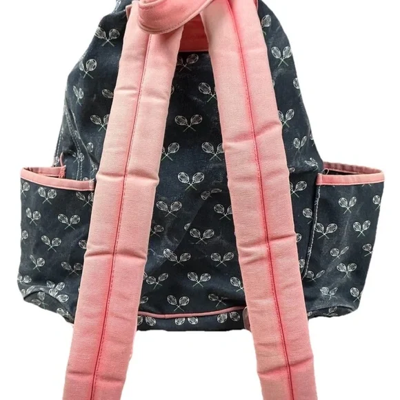 Stylish Blue Canvas White Tennis Racket Patternand Pink Accents Tennis Backpack - Picture 5 of 8
